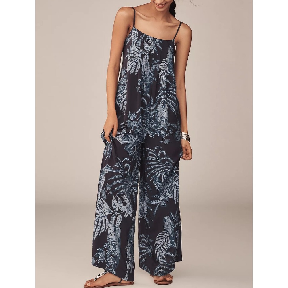 Farm Rio Waistless Wide Leg Jumpsuit M Blue Summer Tropical Resort Vacation NWT